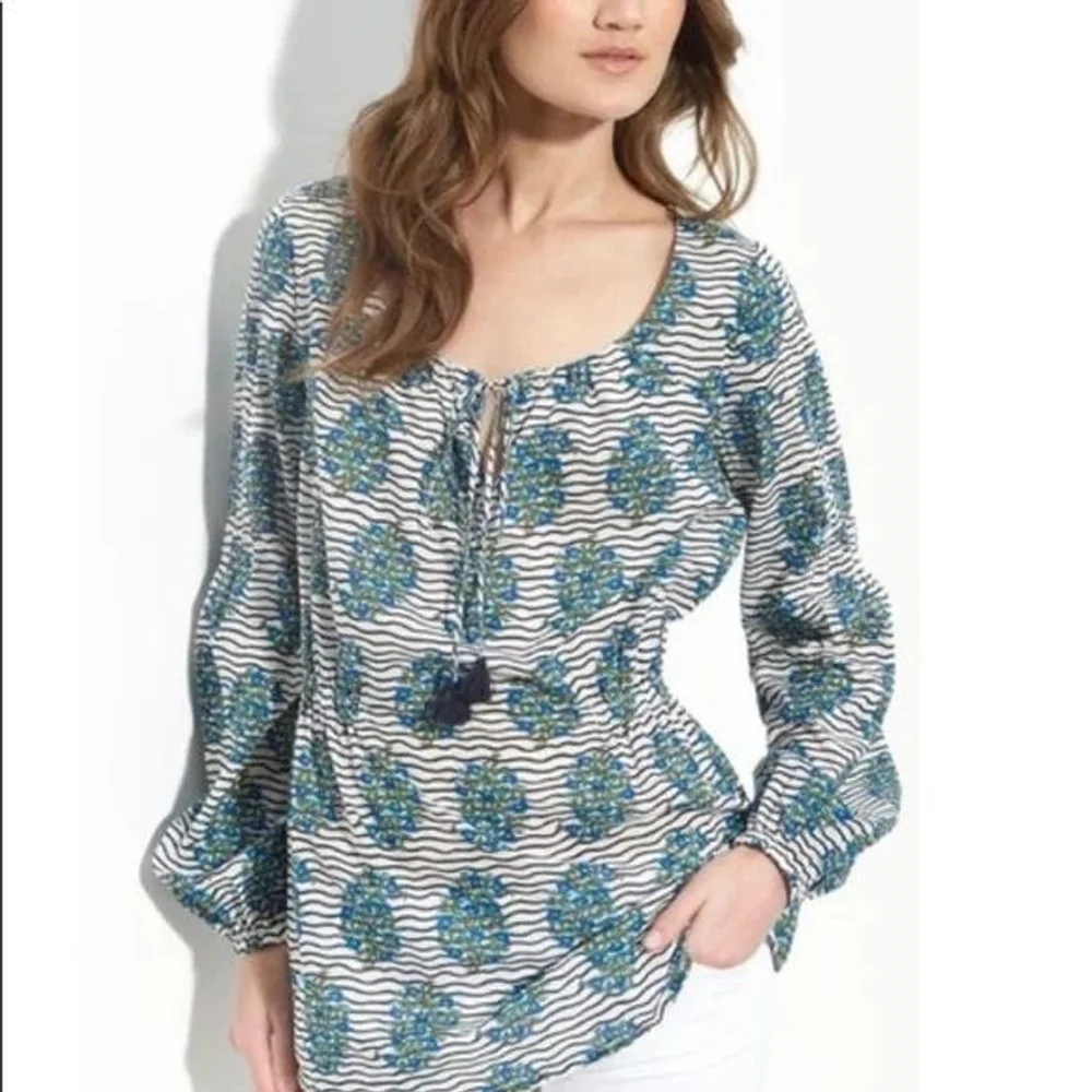 Tory Burch Evelina Floral Print Blouse Size 10 White Blue